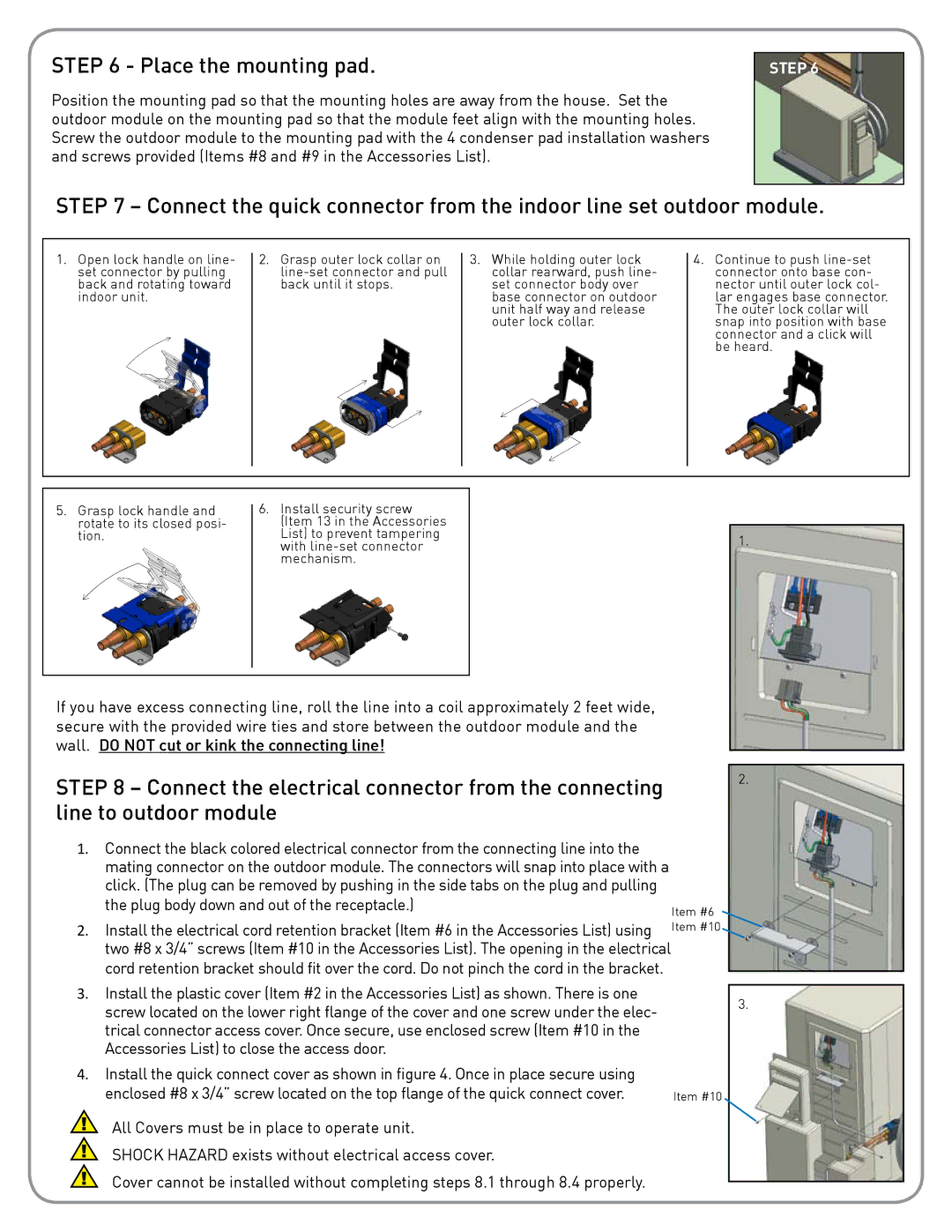 Friedrich BR1224W3A, Breeze installation instructions Place the mounting pad, Plug body down and out of the receptacle 