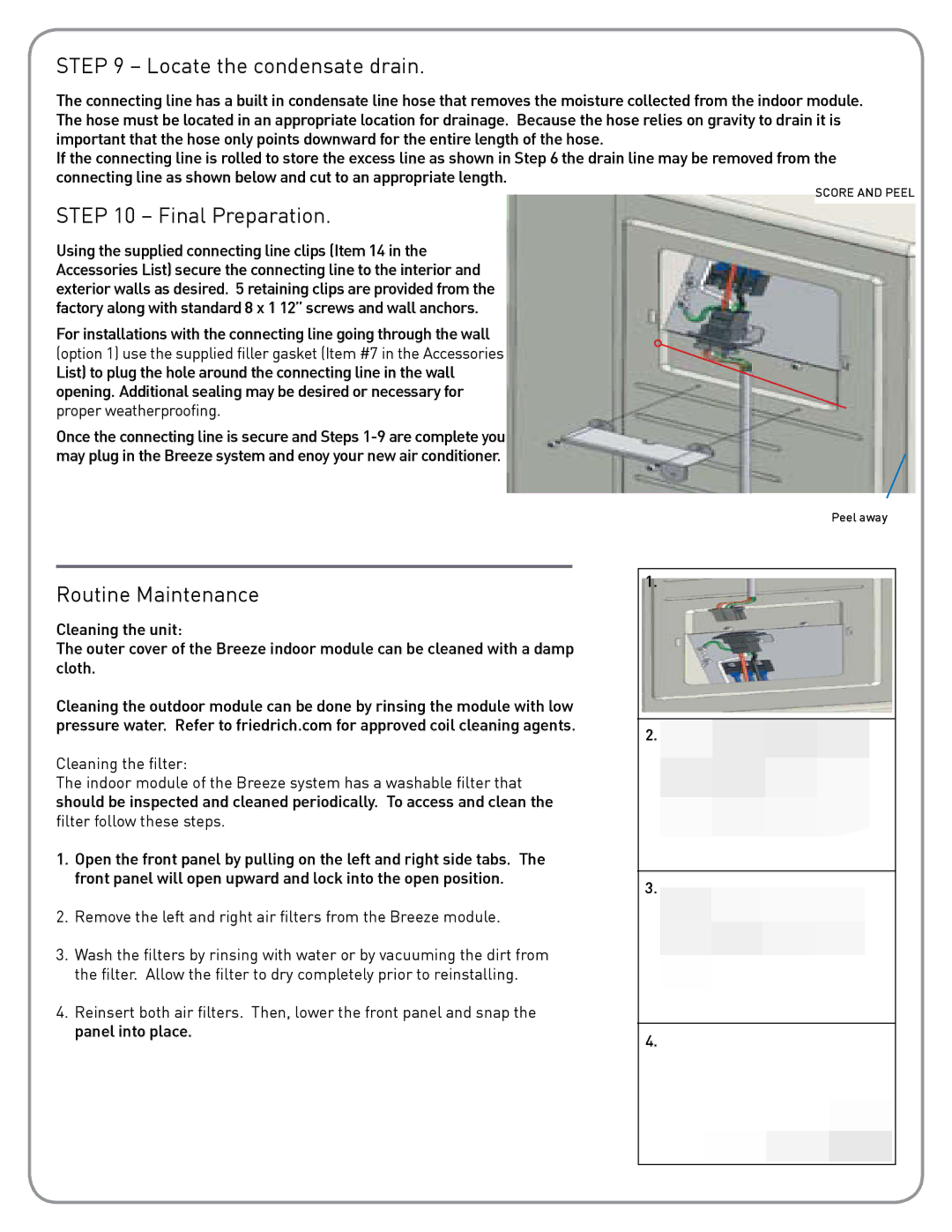 Friedrich Breeze, BR1224W3A installation instructions Locate the condensate drain, Final Preparation, Routine Maintenance 