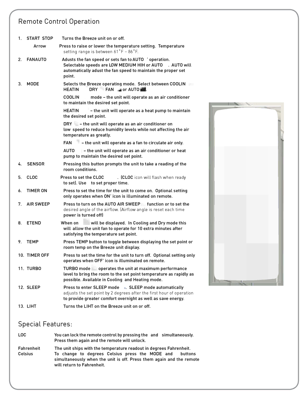 Friedrich BR1224W3A, Breeze installation instructions Remote Control Operation, Special Features 