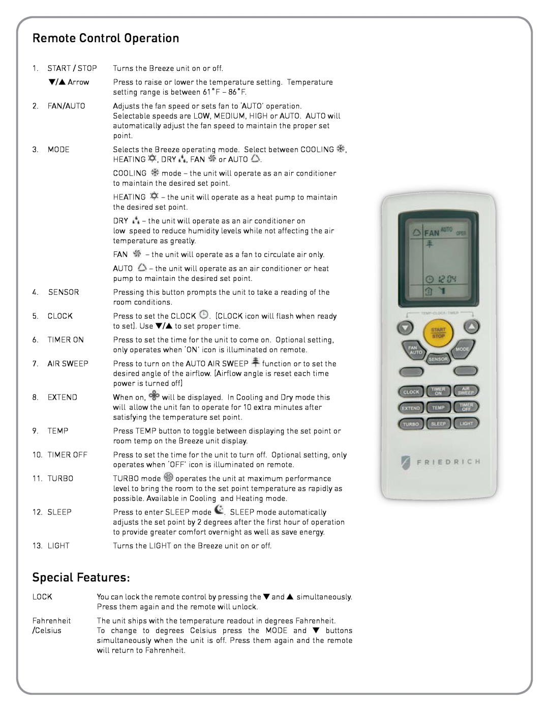 Friedrich BR1224W3A, Breeze installation instructions Remote Control Operation, Special Features 