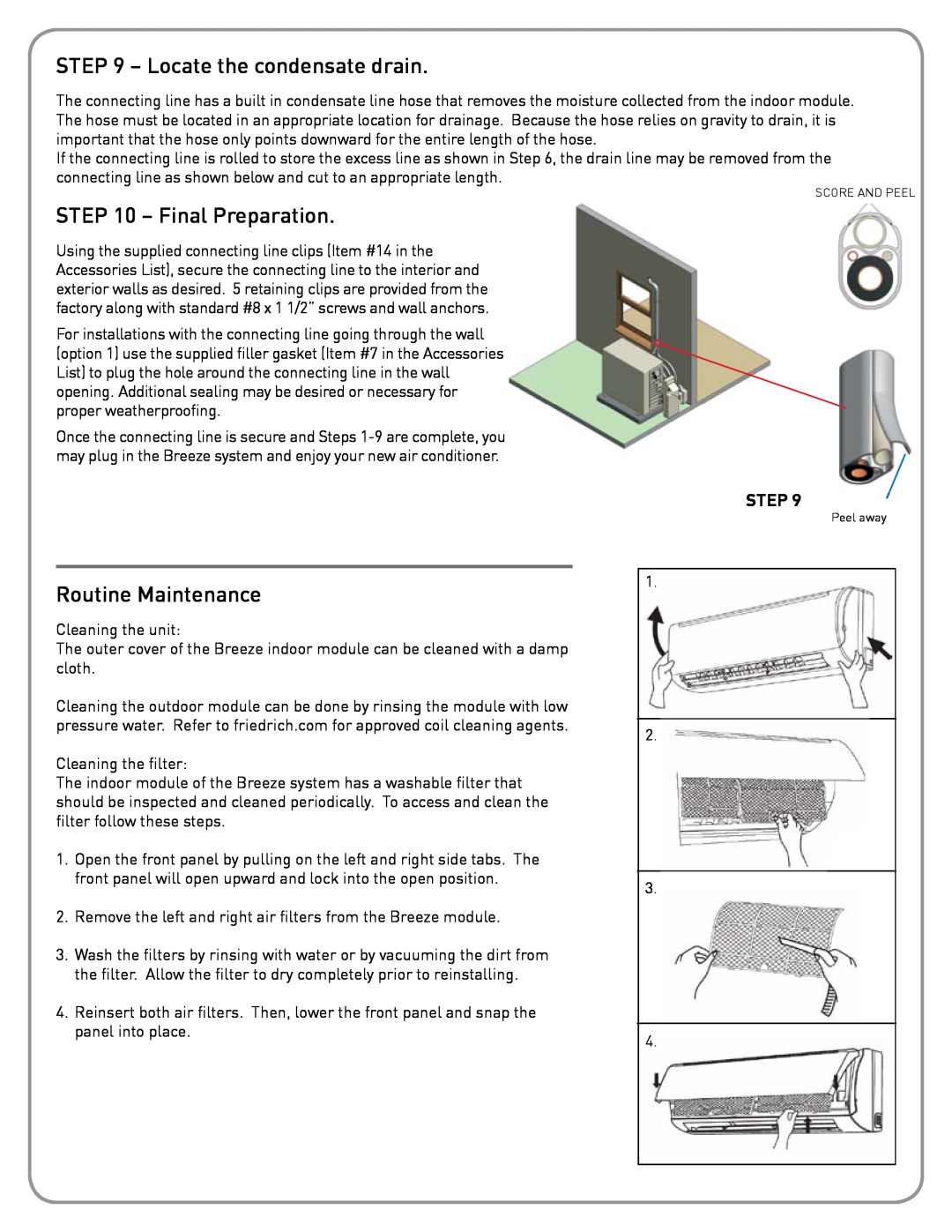 Friedrich BR1224W3A installation instructions Locate the condensate drain, Final Preparation, Routine Maintenance, Step 