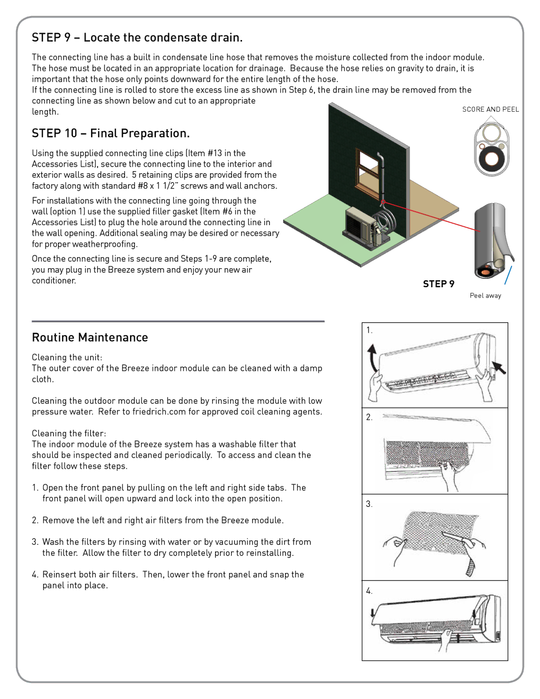 Friedrich BRO412W1A installation instructions Locate the condensate drain, Final Preparation, Routine Maintenance 