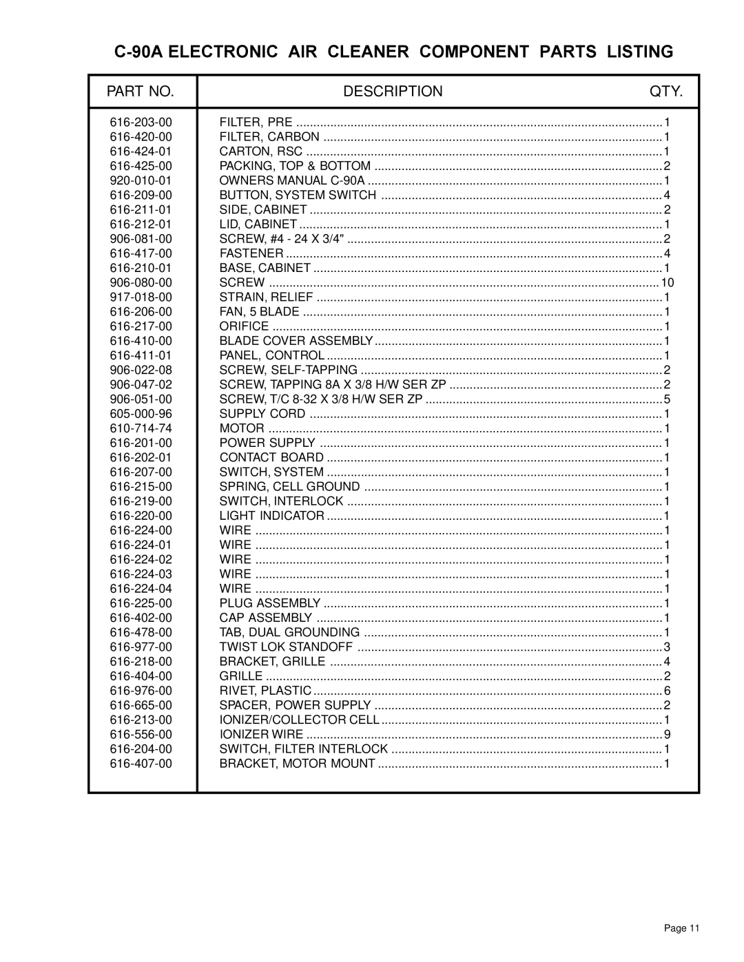 Friedrich C-90A manual 90A Electronic AIR Cleaner Component Parts Listing, Description QTY 