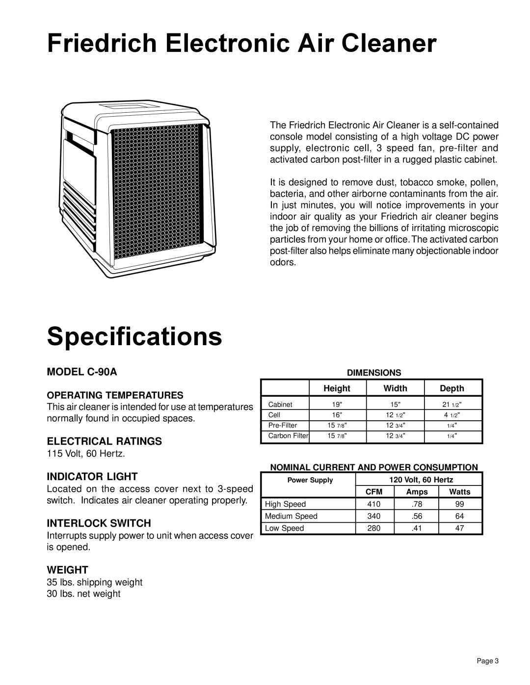 Friedrich C-90A manual Friedrich Electronic Air Cleaner, Specifications 