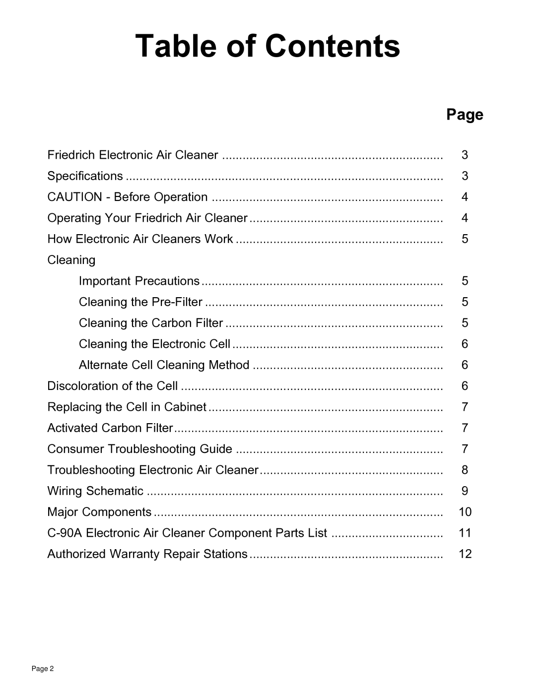 Friedrich C-90A manual Table of Contents 