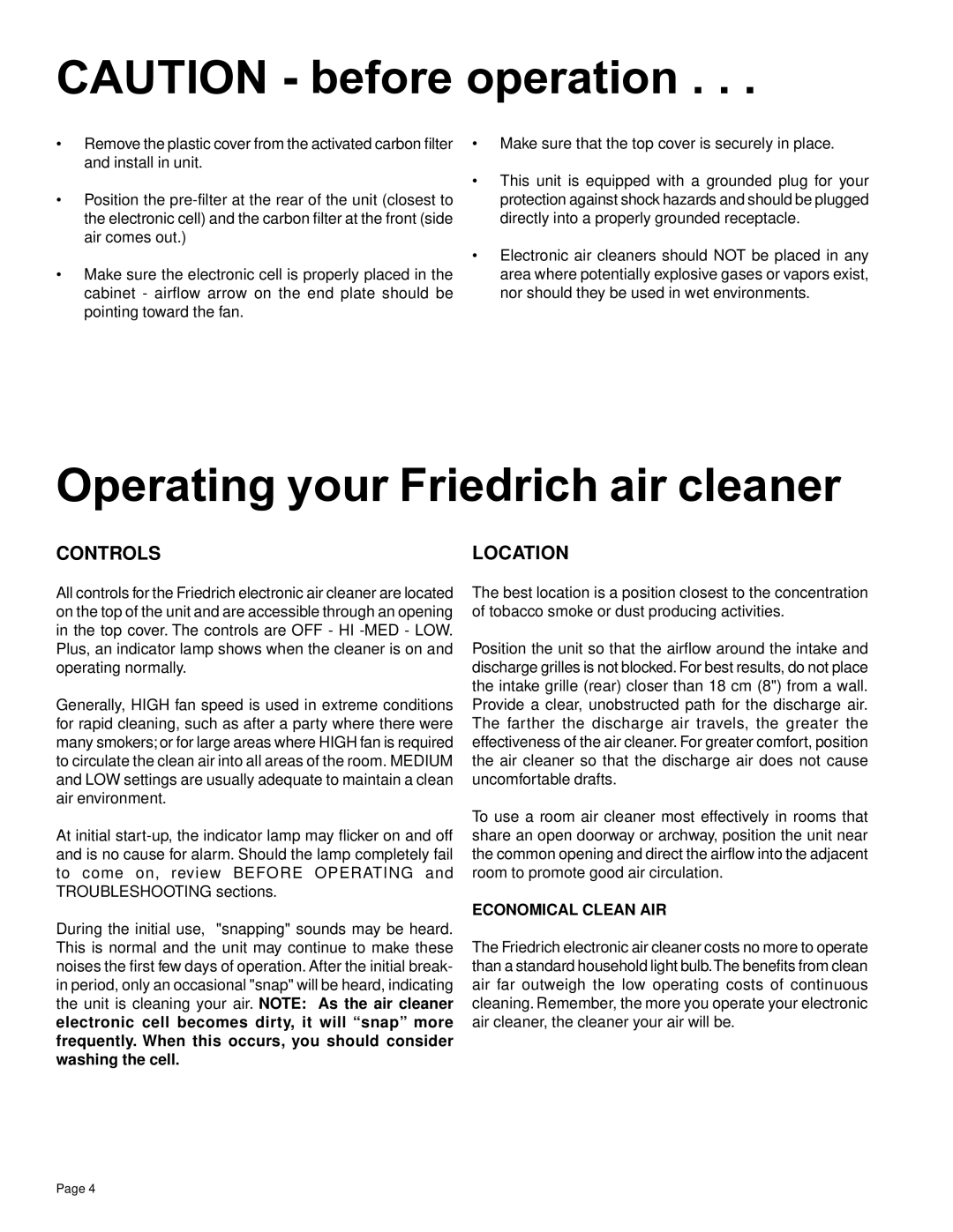 Friedrich C-90A manual Operating your Friedrich air cleaner, Controls Location, Economical Clean AIR 