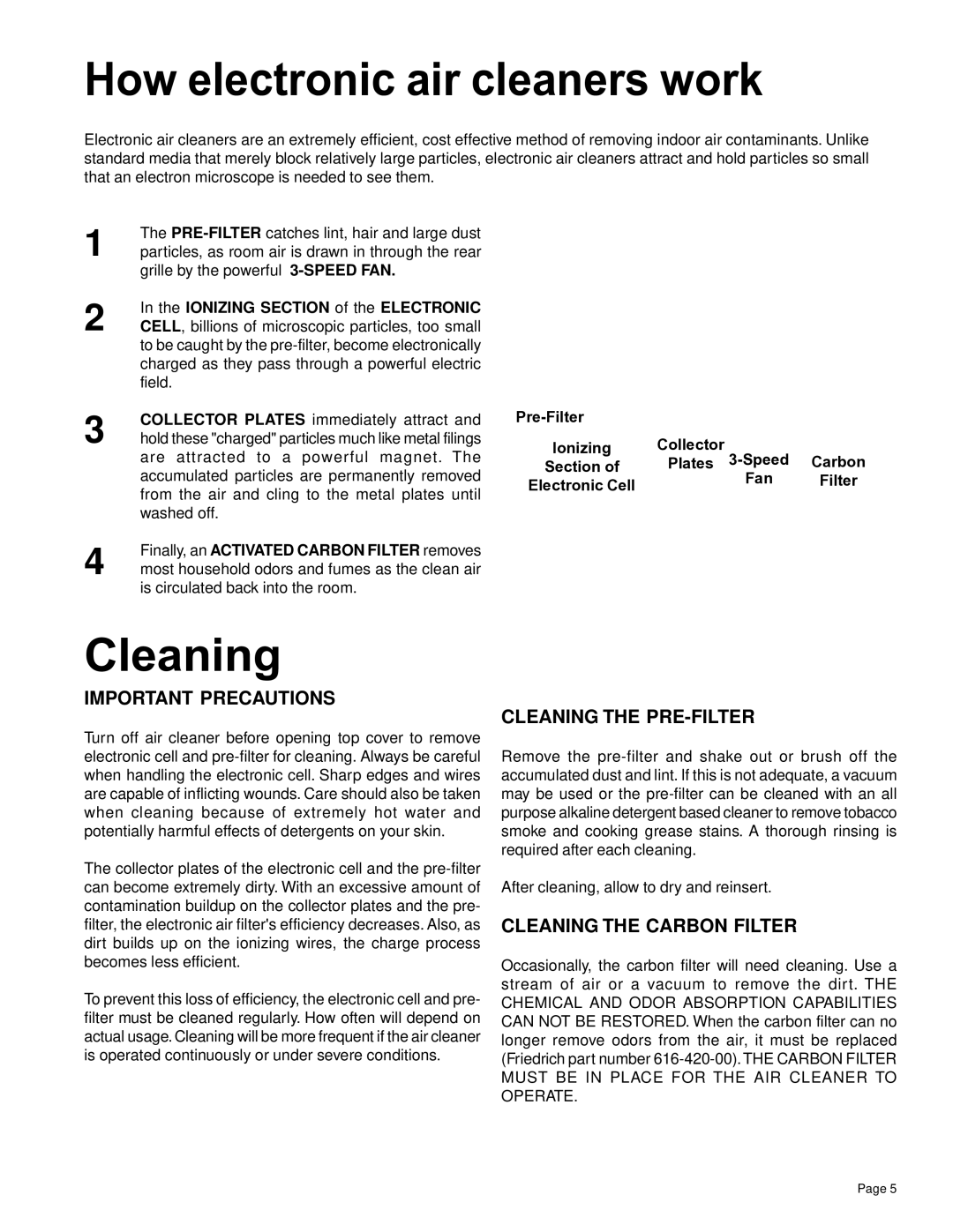 Friedrich C-90A manual How electronic air cleaners work, Important Precautions, Cleaning the PRE-FILTER 