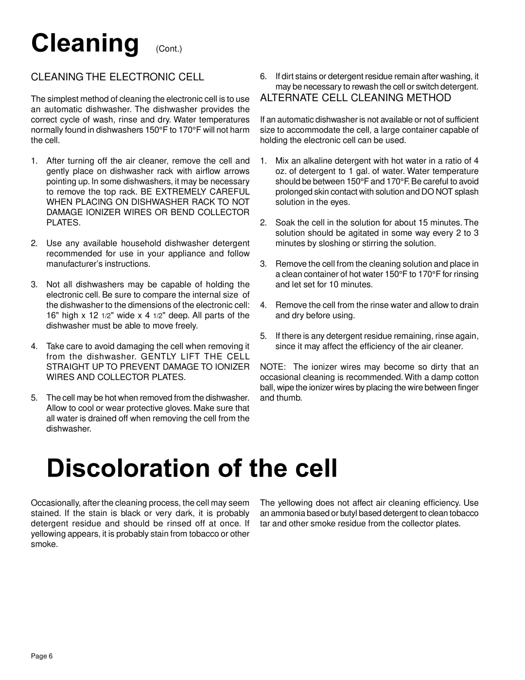 Friedrich C-90A manual Discoloration of the cell, Cleaning the Electronic Cell, Alternate Cell Cleaning Method 