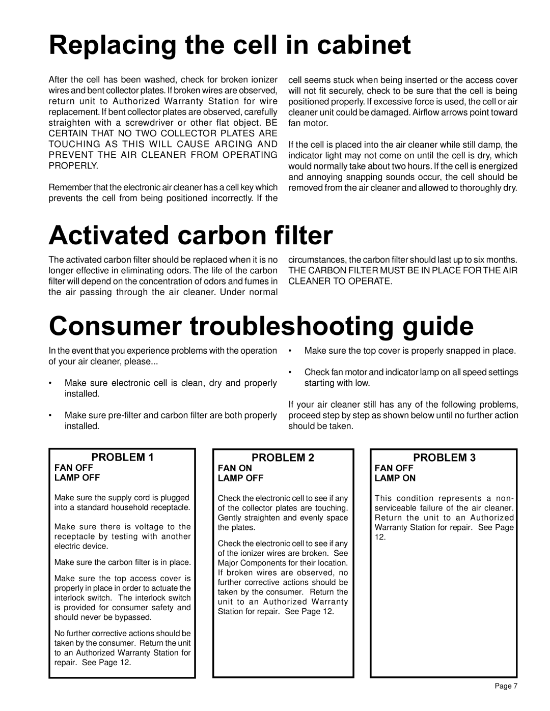 Friedrich C-90A manual Replacing the cell in cabinet, Activated carbon filter, Consumer troubleshooting guide, Problem 