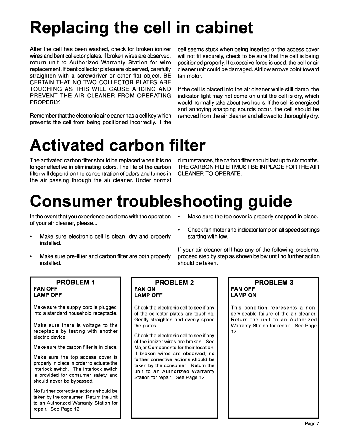 Friedrich C-90A manual Replacing the cell in cabinet, Activated carbon filter, Consumer troubleshooting guide, Problem 