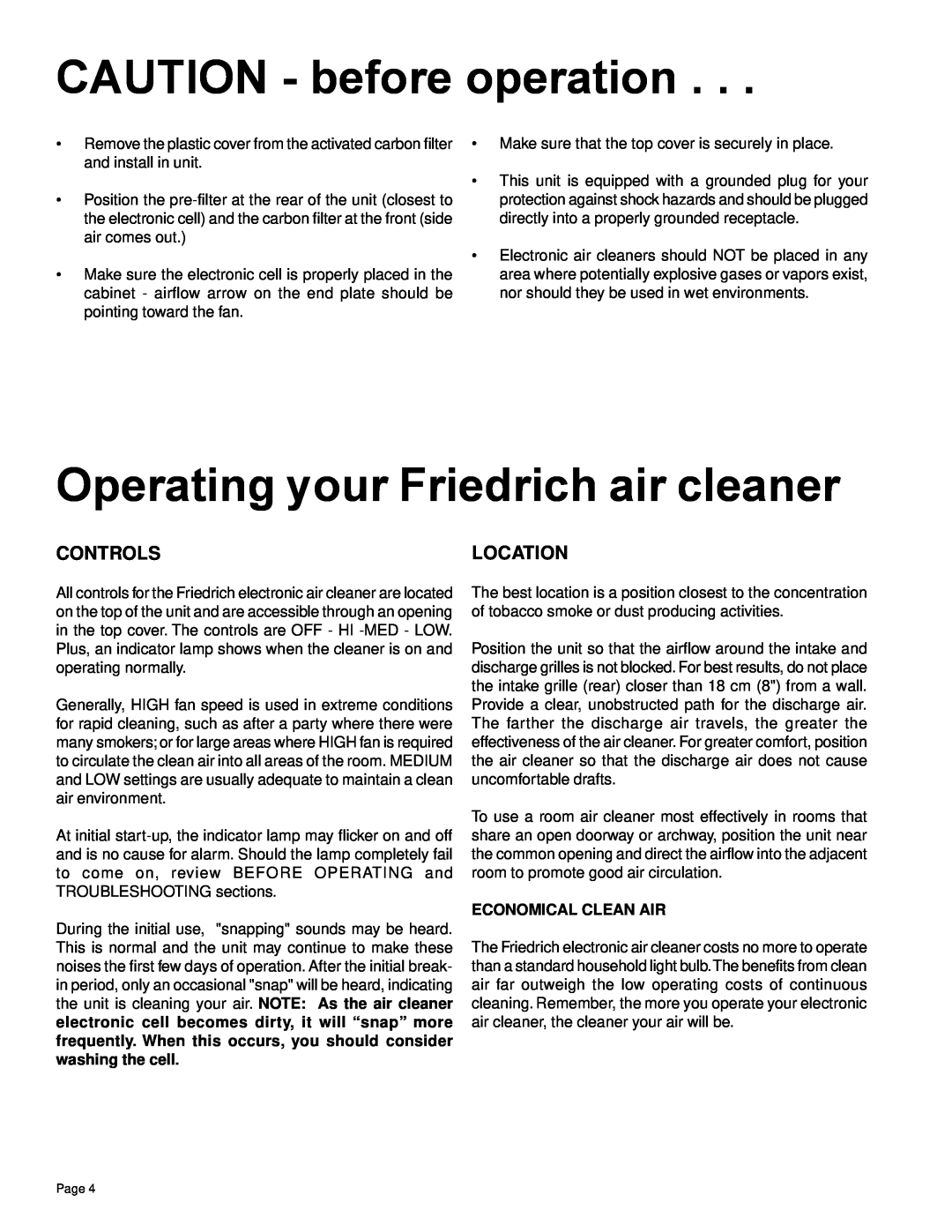 Friedrich C-90A CAUTION - before operation, Operating your Friedrich air cleaner, Controls, Location, Economical Clean Air 