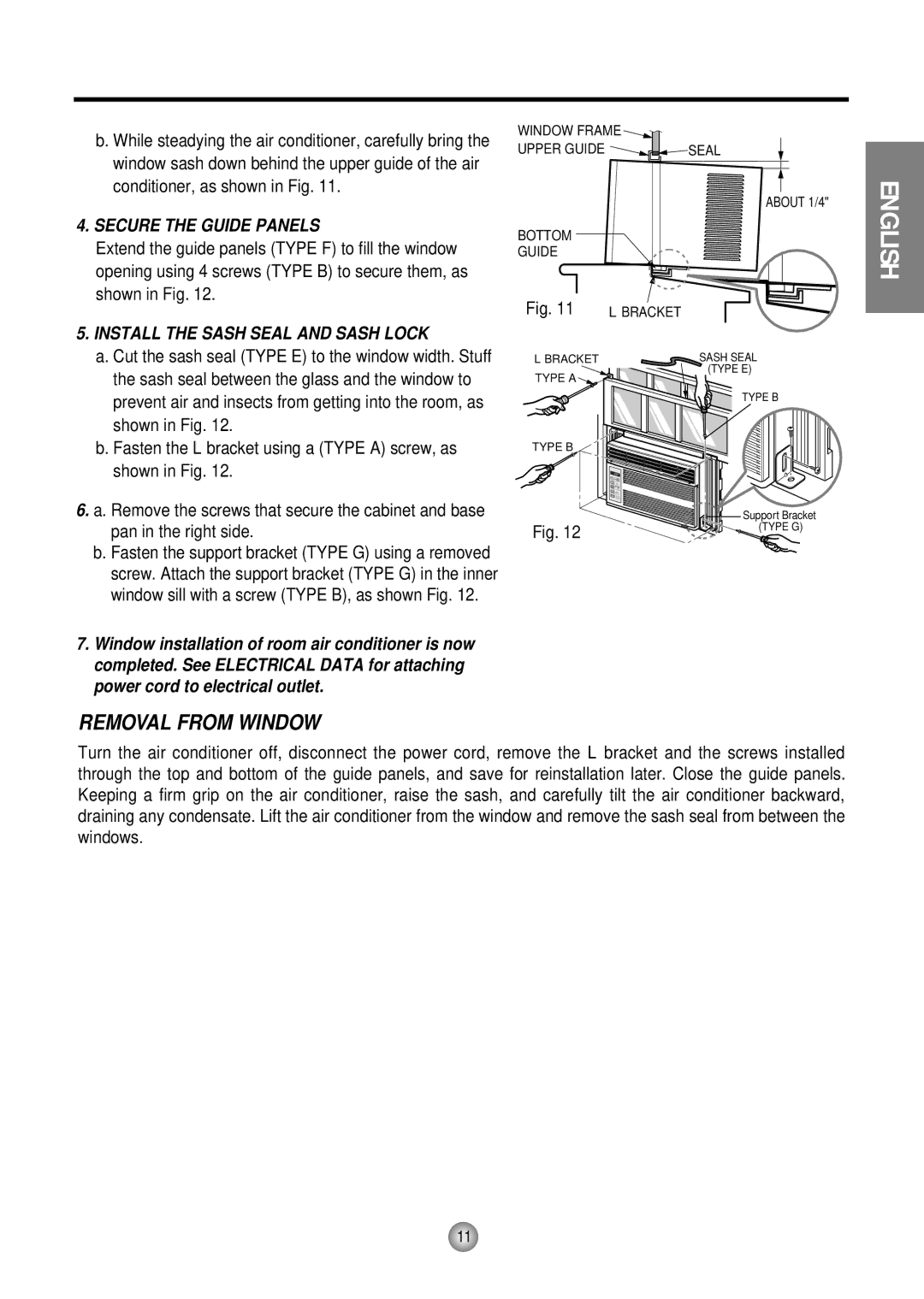 Friedrich CP05 CP Line operation manual Removal from Window, Secure the Guide Panels, Install the Sash Seal and Sash Lock 