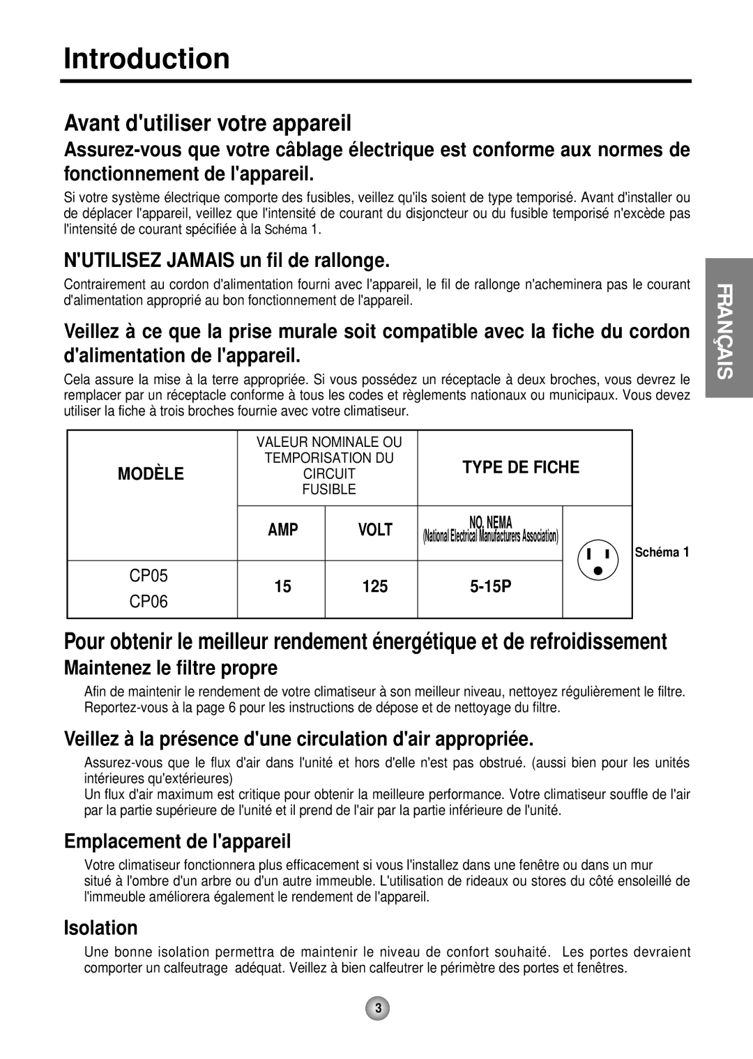 Friedrich CP05 CP Line operation manual Avant dutiliser votre appareil, Nutilisez Jamais un fil de rallonge 