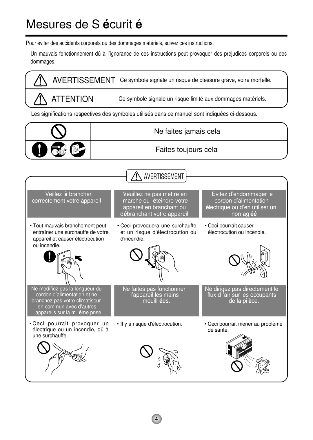 Friedrich CP05 CP Line operation manual Mesures de Sé curité, Avertissement 