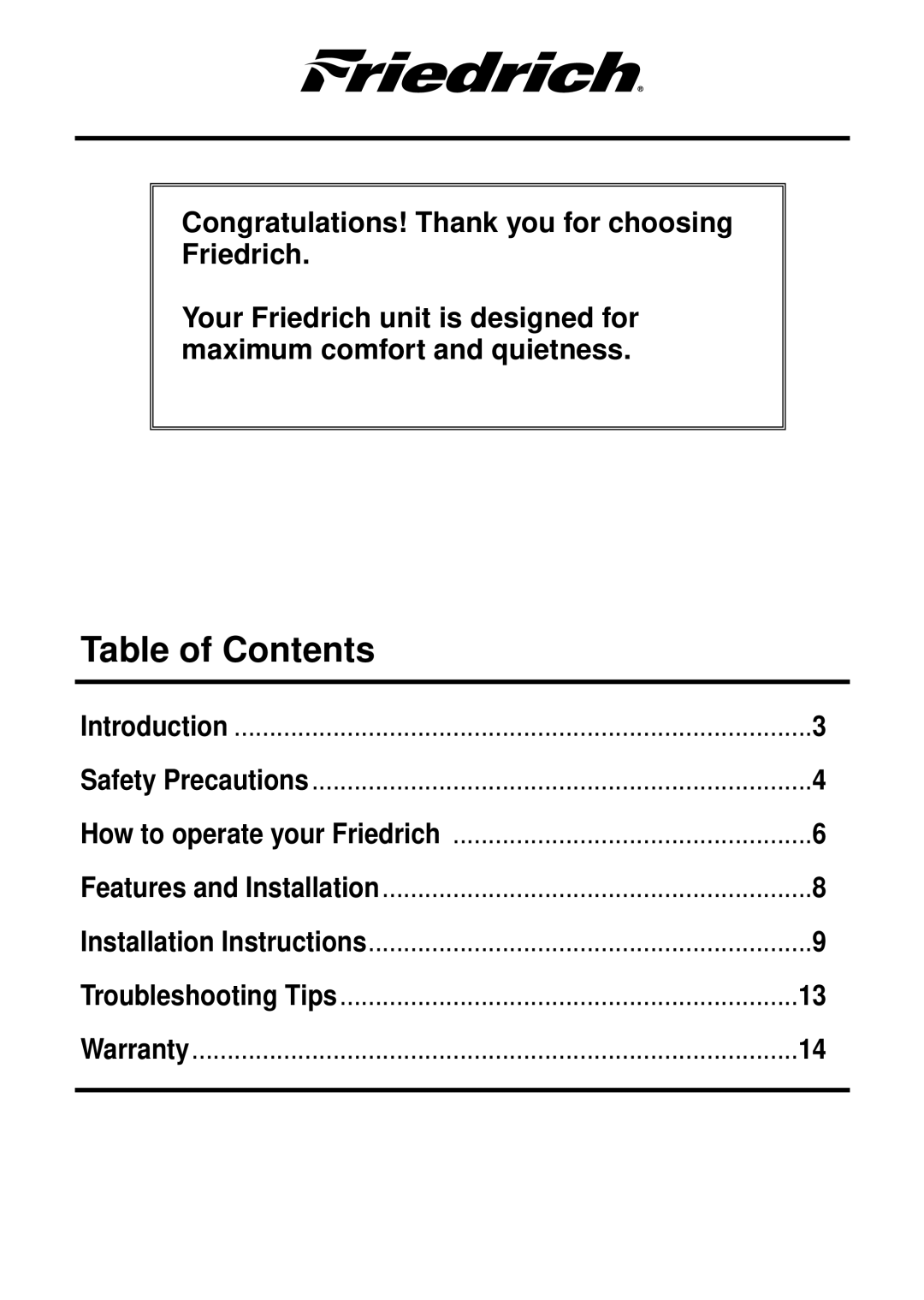 Friedrich CP05 CP Line operation manual Table of Contents 