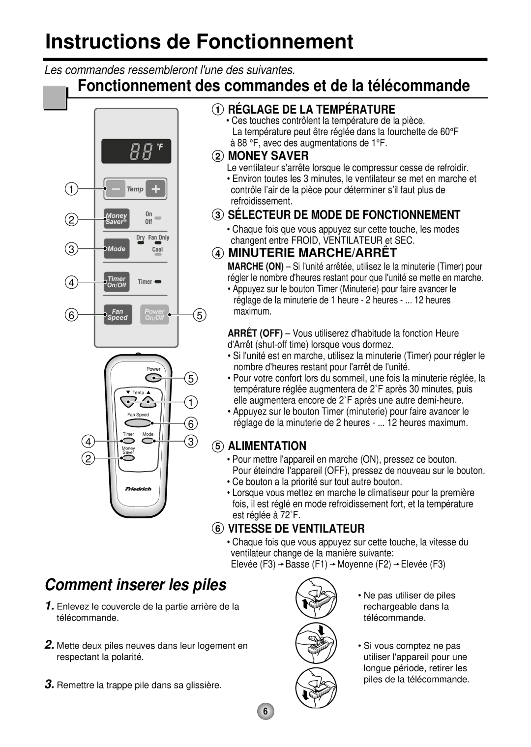 Friedrich CP05 CP Line Instructions de Fonctionnement, Fonctionnement des commandes et de la té lé commande 