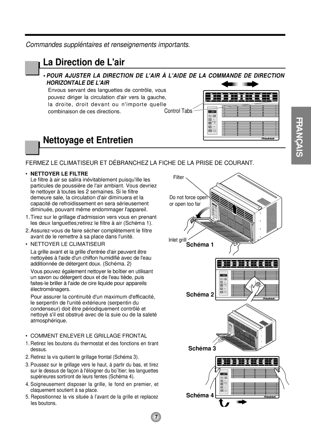 Friedrich CP05 CP Line operation manual La Direction de Lair, Nettoyage et Entretien 