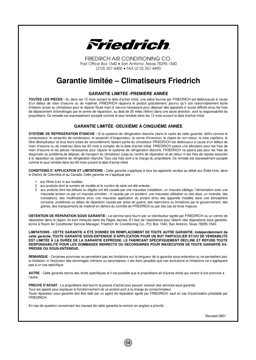 Friedrich CP05 CP Line operation manual Garantie limité e Climatiseurs Friedrich, Garantie Limité E -PREMIÈ RE Anné E 