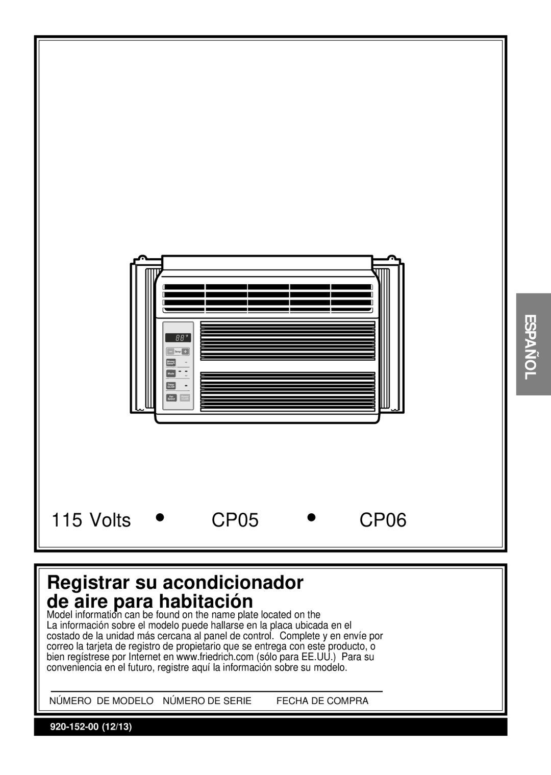 Friedrich CP05 CP Line operation manual Registrar su acondicionador de aire para habitación 