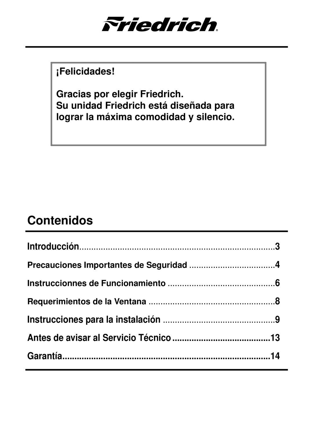 Friedrich CP05 CP Line operation manual Contenidos 