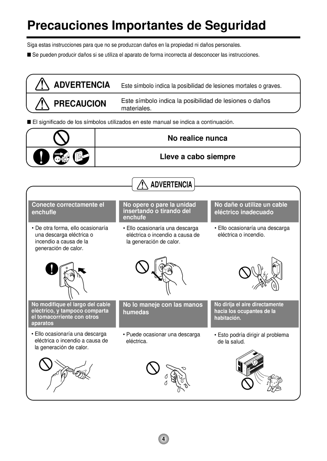 Friedrich CP05 CP Line operation manual Precauciones Importantes de Seguridad, Advertencia Precaucion 