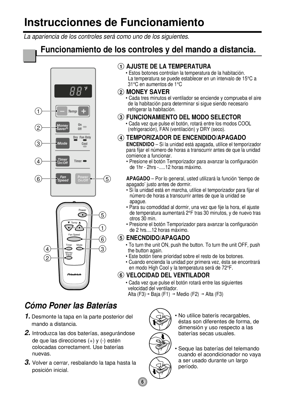 Friedrich CP05 CP Line Instruccionnes de Funcionamiento, Funcionamiento de los controles y del mando a distancia 