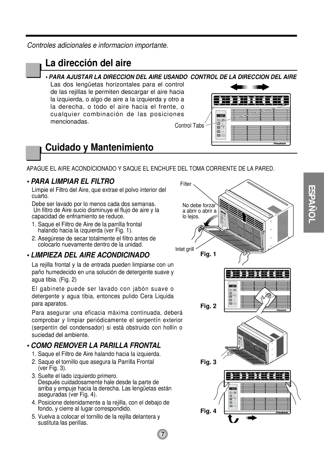 Friedrich CP05 CP Line operation manual La direcció n del aire, Cuidado y Mantenimiento, Para Limpiar EL Filtro 