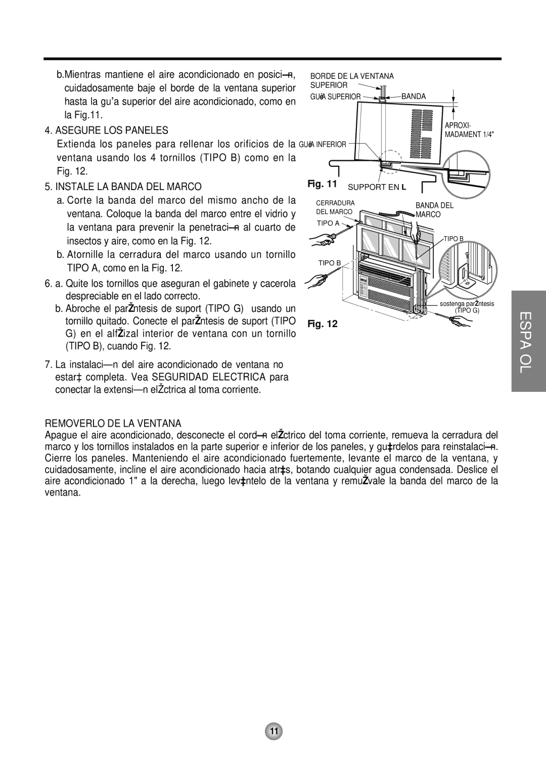 Friedrich CP05 CP Line operation manual Asegure LOS Paneles, Instale LA Banda DEL Marco, Removerlo DE LA Ventana 