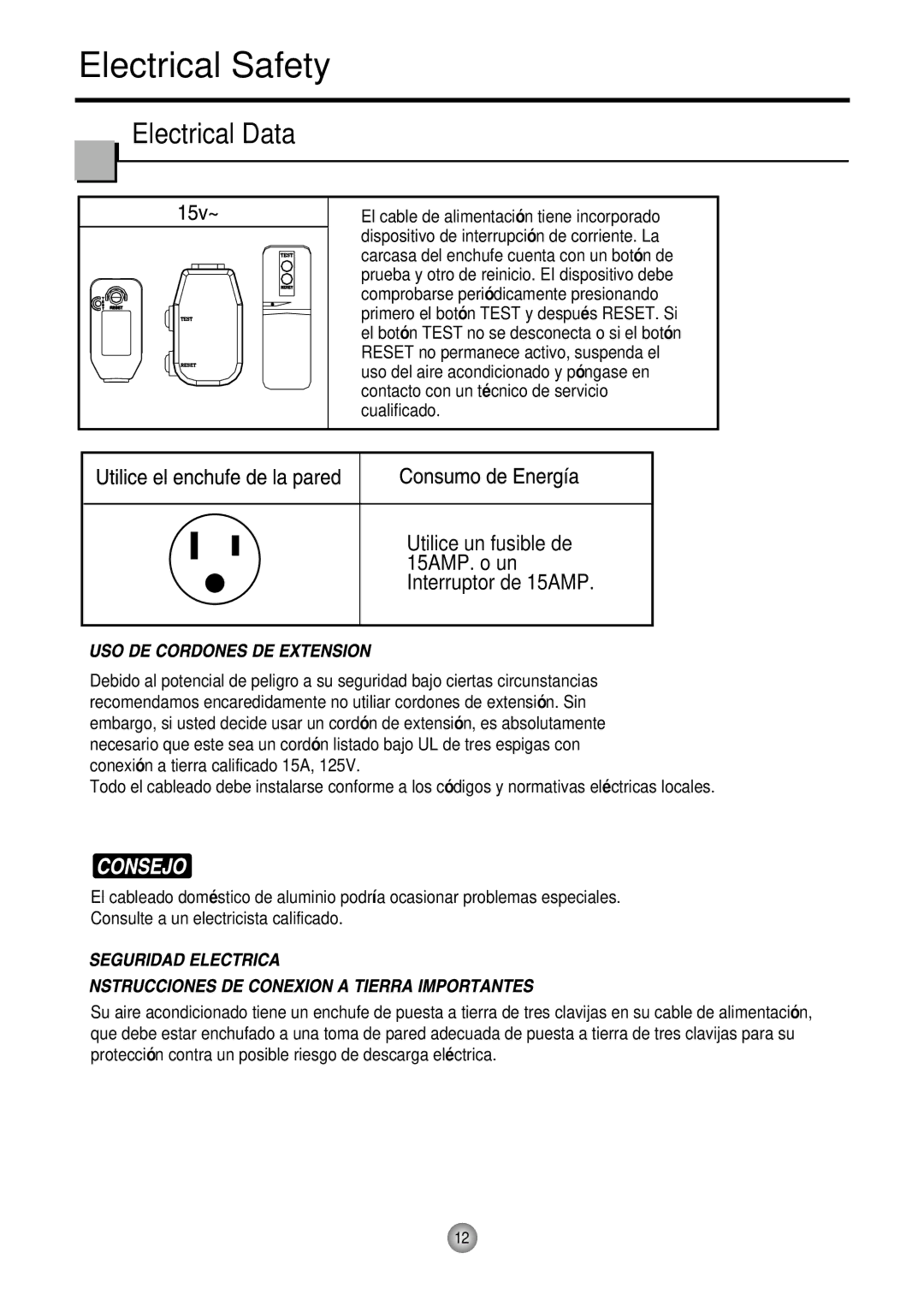 Friedrich CP05 CP Line operation manual Utilice un fusible de 15AMP. o un Interruptor de 15AMP 