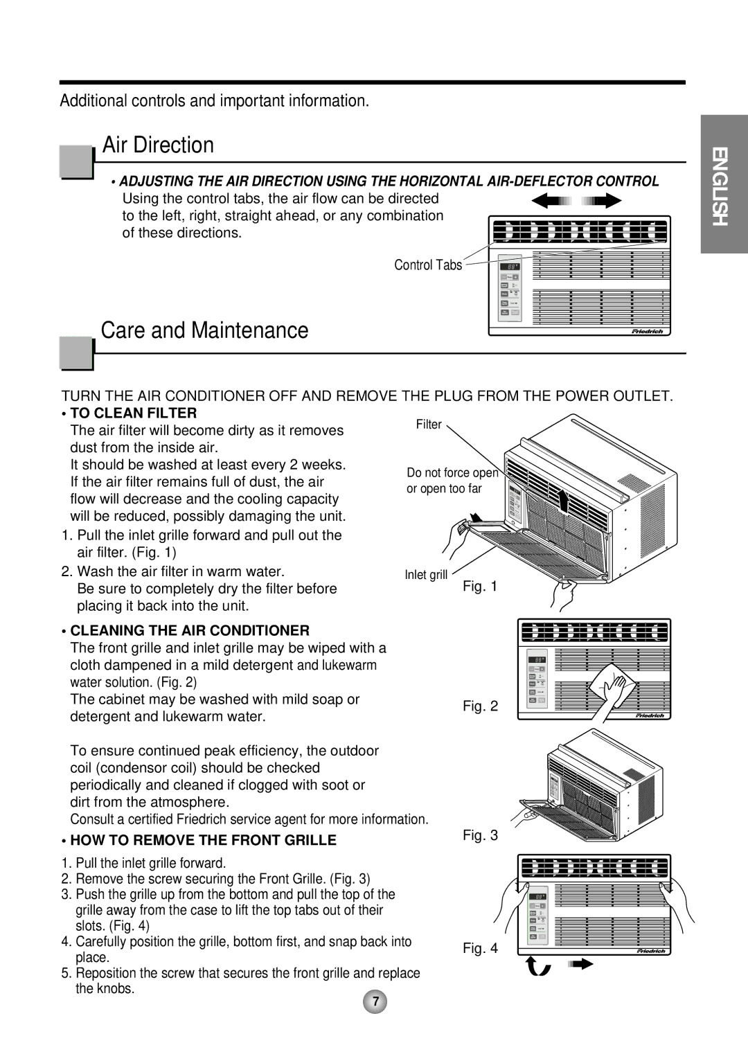 Friedrich CP05 CP Line operation manual Air Direction, Care and Maintenance 