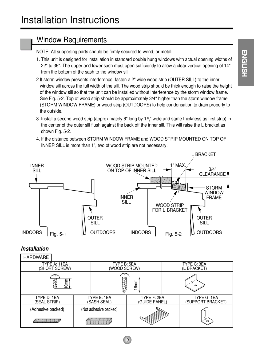 Friedrich CP05 CP Line operation manual Installation Instructions, Window Requirements 