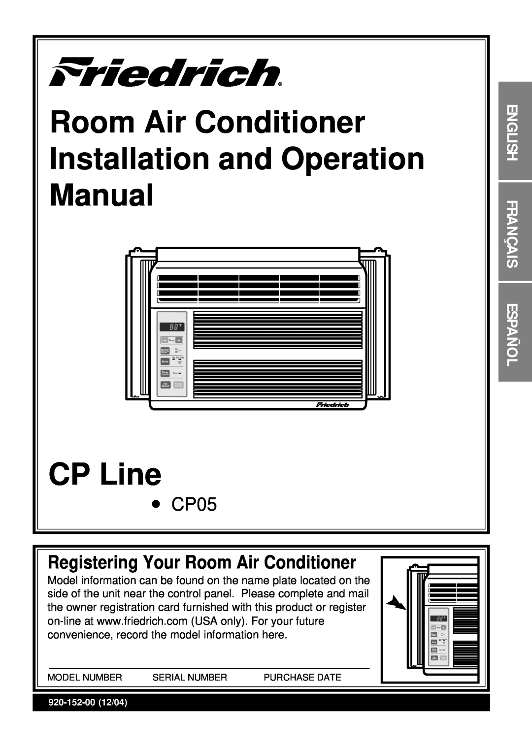 Friedrich CP05 CP Line operation manual Room Air Conditioner, Installation and Operation, Manual, Español, Français 