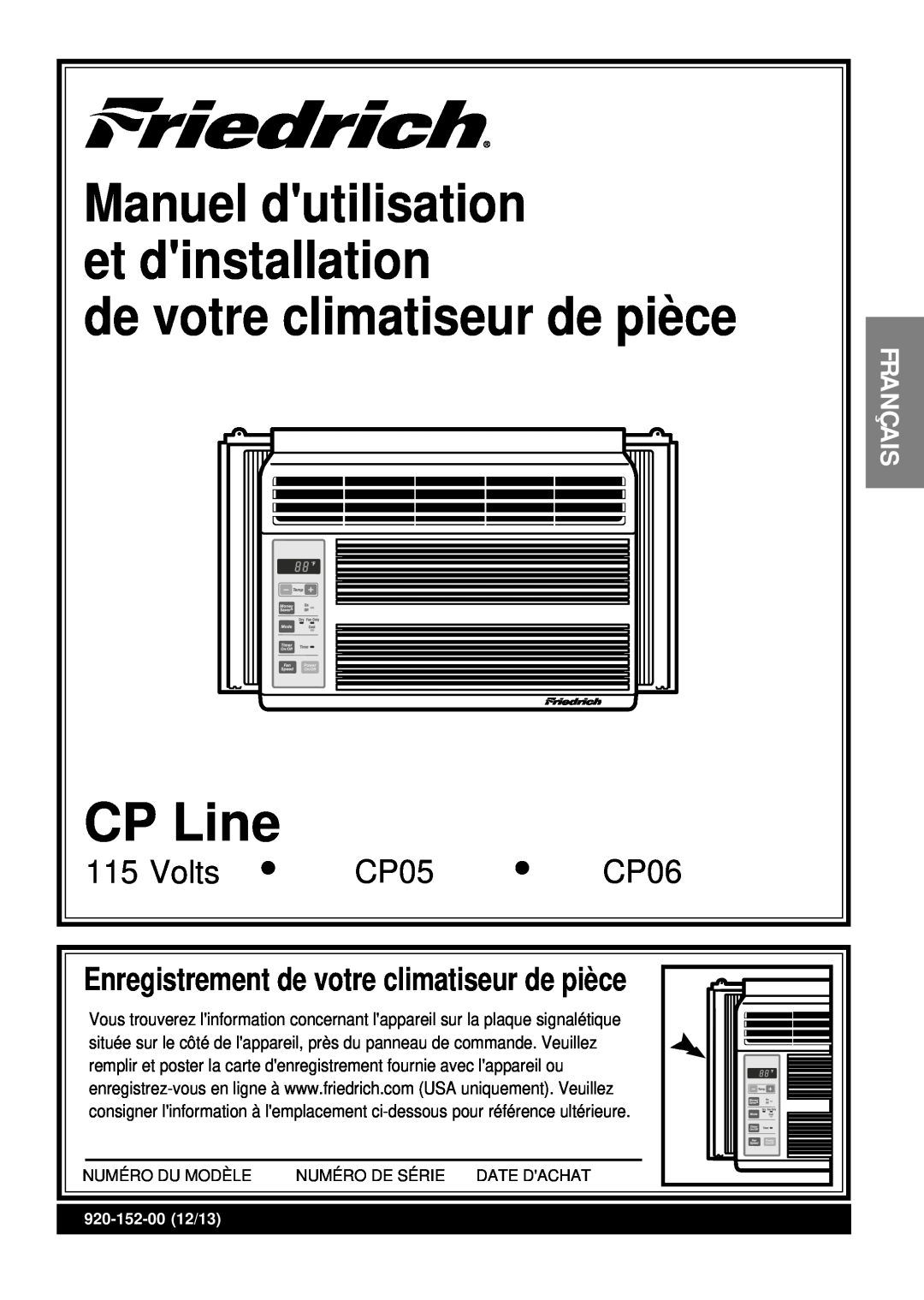 Friedrich CP05 CP Line de votre climatiseur de pièce CP Line, Volts, CP06, Enregistrement de votre climatiseur de pièce 