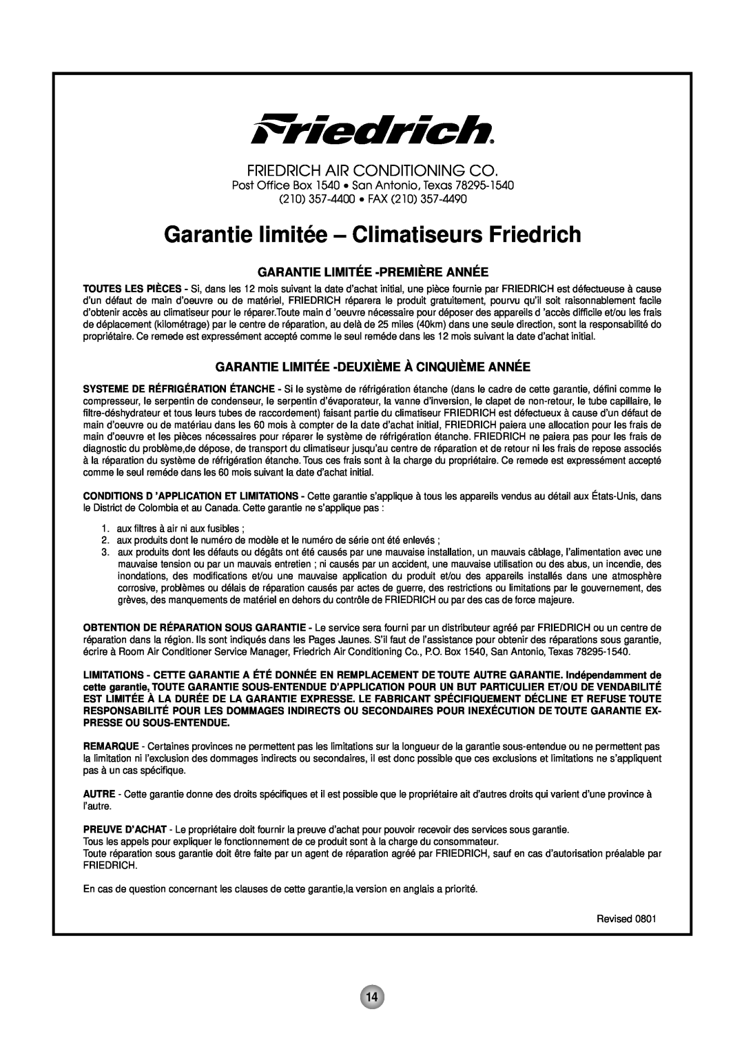 Friedrich CP05 CP Line operation manual Garantie limité e - Climatiseurs Friedrich, Friedrich Air Conditioning Co 