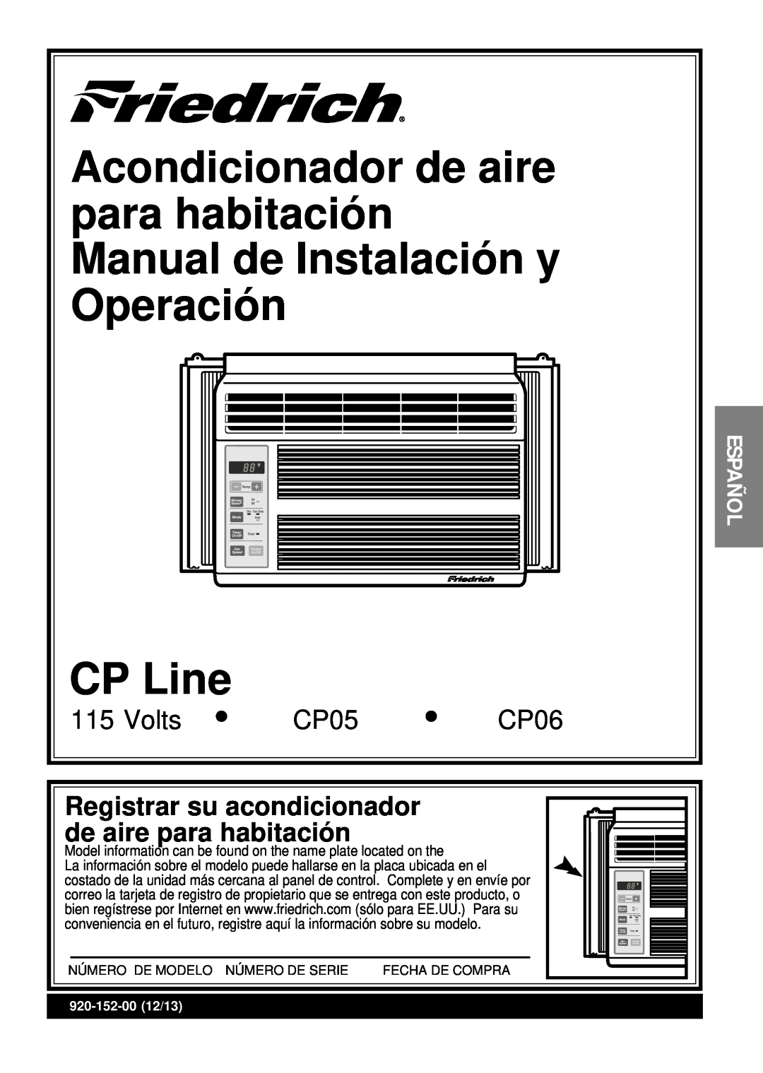 Friedrich CP05 CP Line operation manual Registrar su acondicionador de aire para habitación, Volts, CP06, Español 