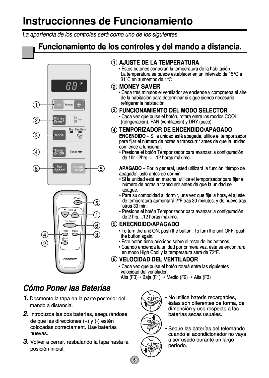 Friedrich CP05 CP Line Instruccionnes de Funcionamiento, Funcionamiento de los controles y del mando a distancia 