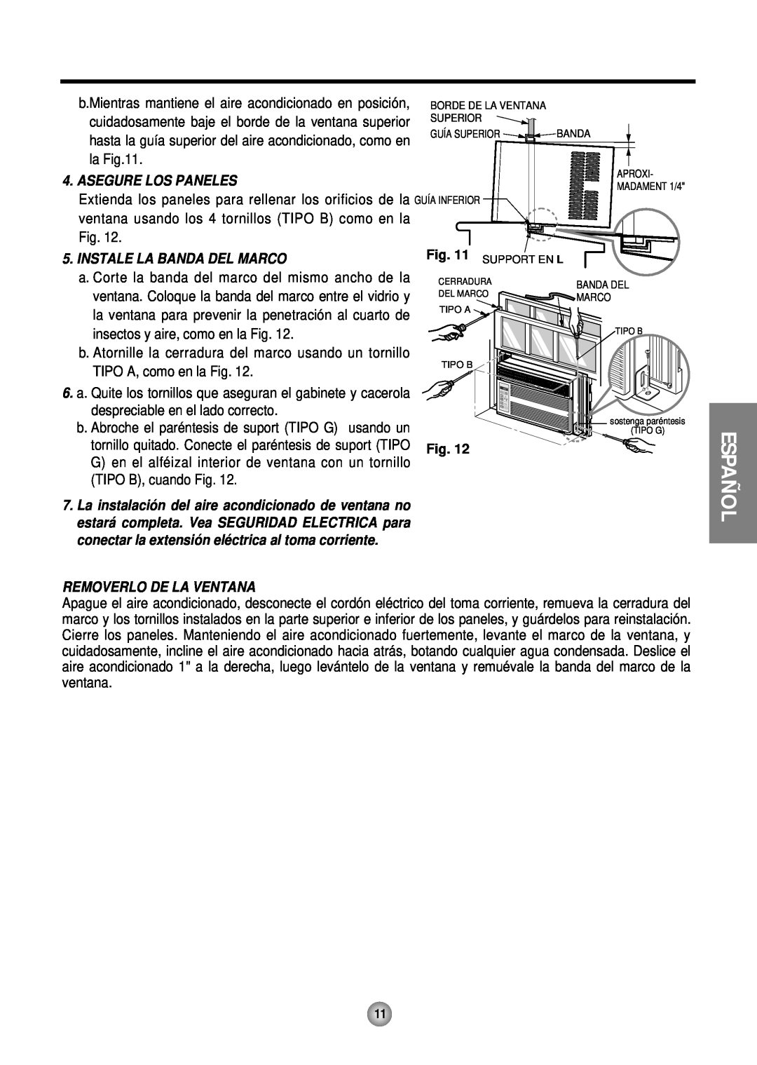 Friedrich CP05 CP Line operation manual Asegure Los Paneles, Instale La Banda Del Marco, Removerlo De La Ventana, Español 