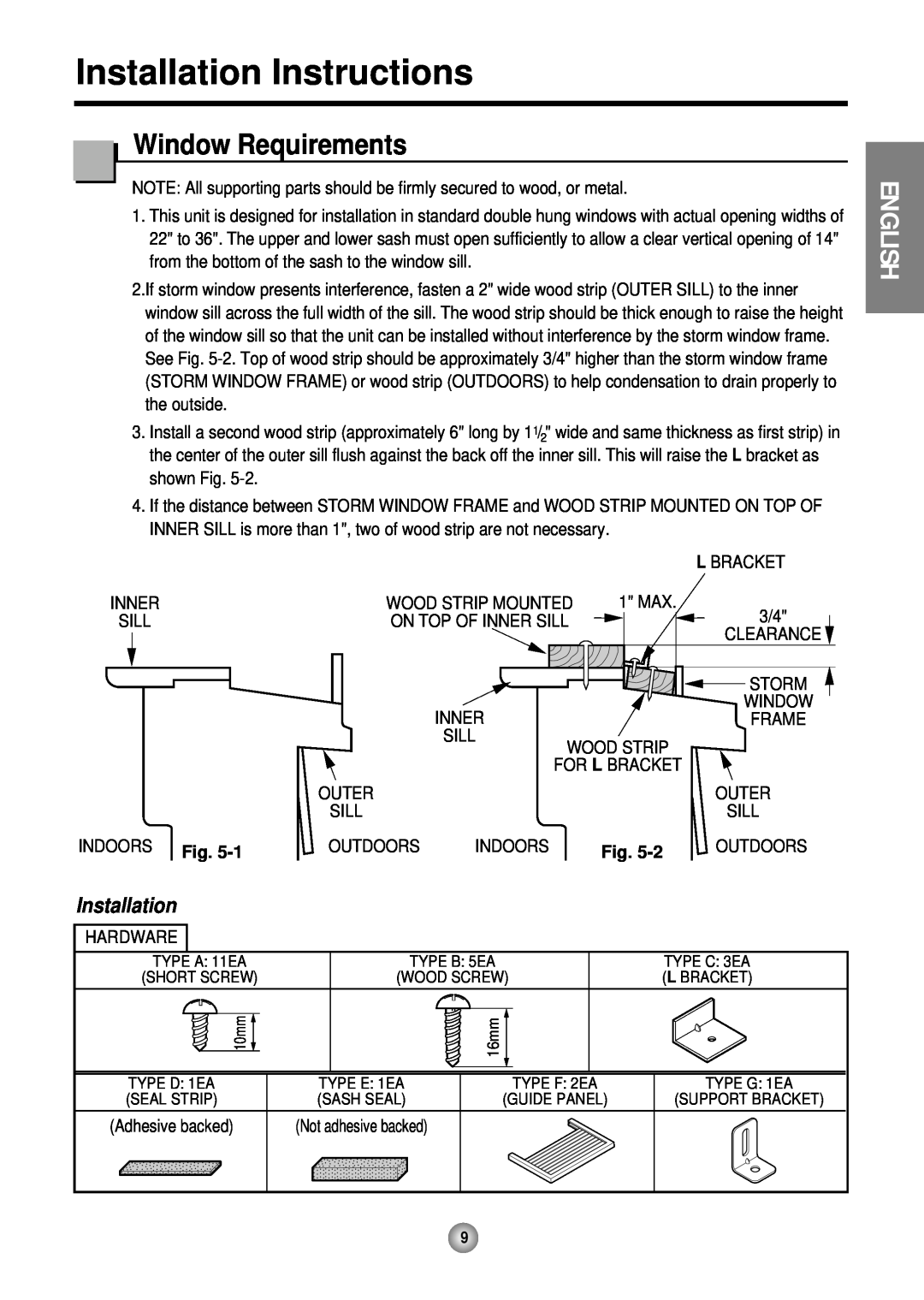 Friedrich CP05 CP Line operation manual Installation Instructions, Window Requirements, English 