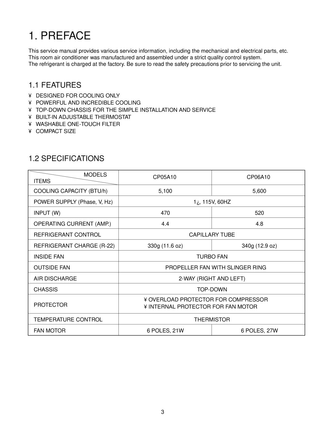 Friedrich CP06A10, CP05A10 manual Preface, Features, Specifications 