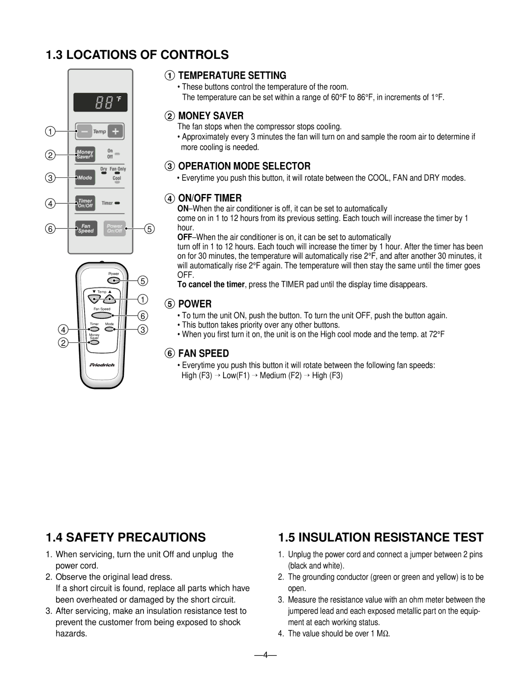 Friedrich CP05A10, CP06A10 manual Locations of Controls, Safety Precautions, Insulation Resistance Test 