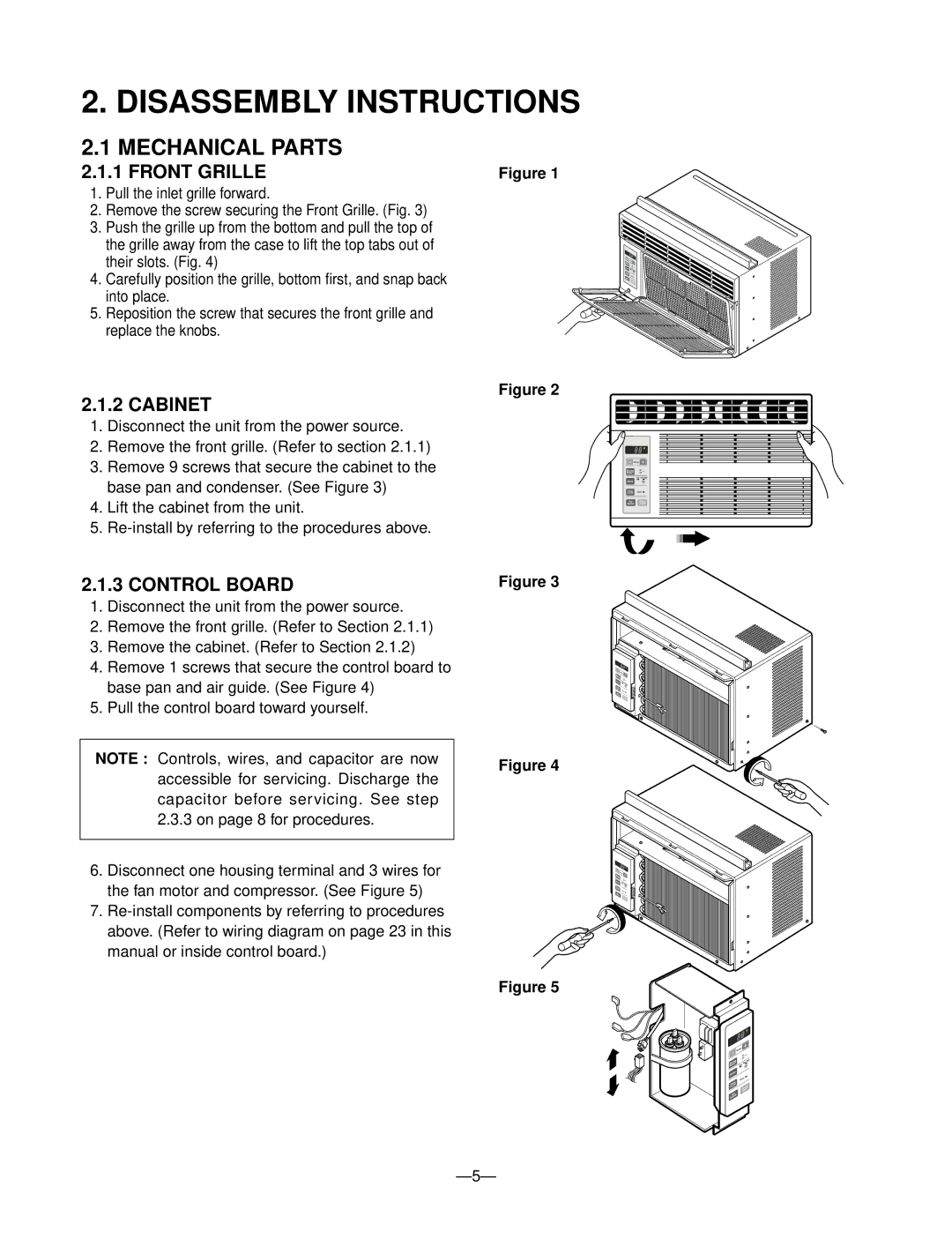 Friedrich CP06A10, CP05A10 manual Disassembly Instructions, Mechanical Parts, Front Grille, Cabinet, Control Board 