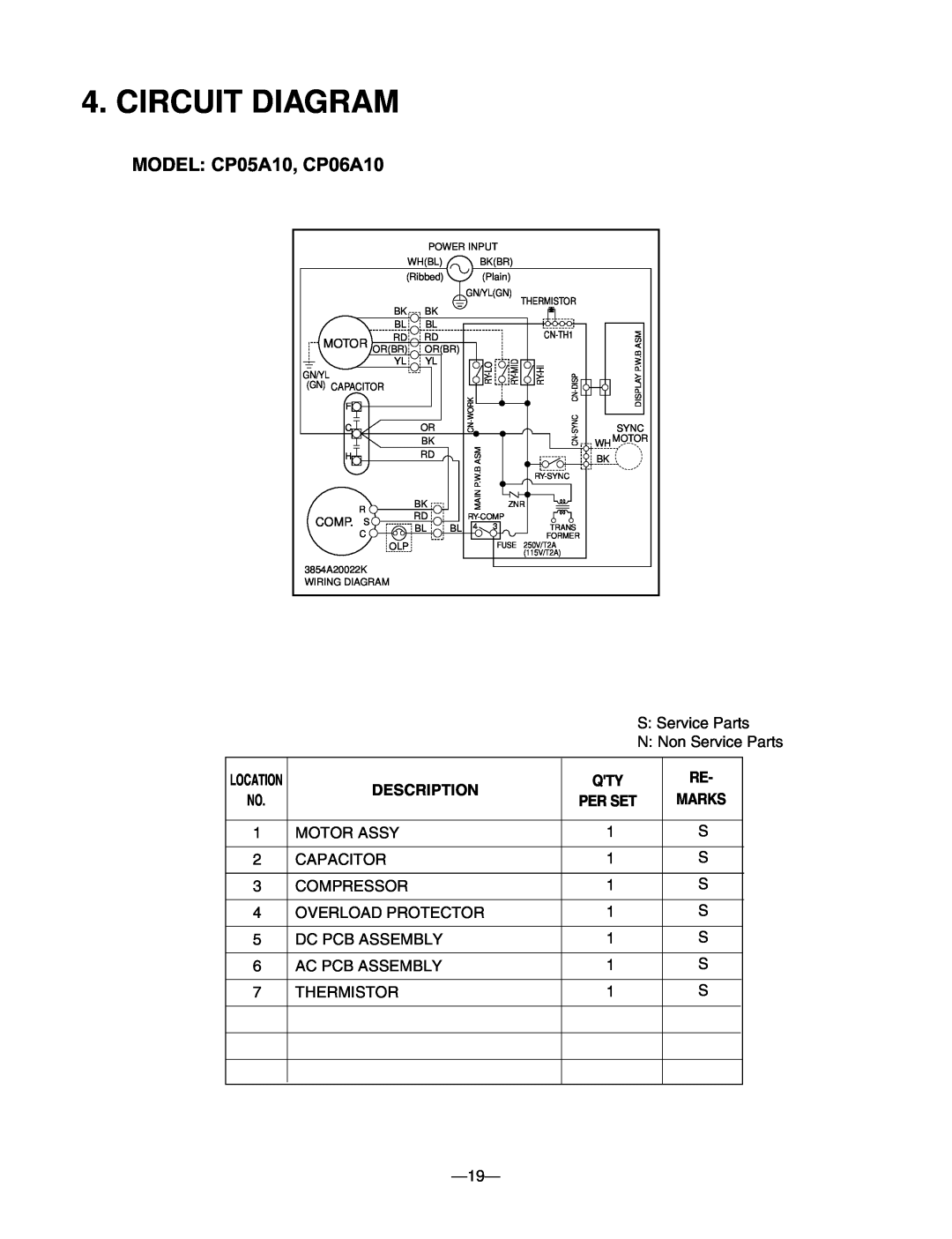 Friedrich manual Circuit Diagram, Description, MODEL CP05A10, CP06A10 