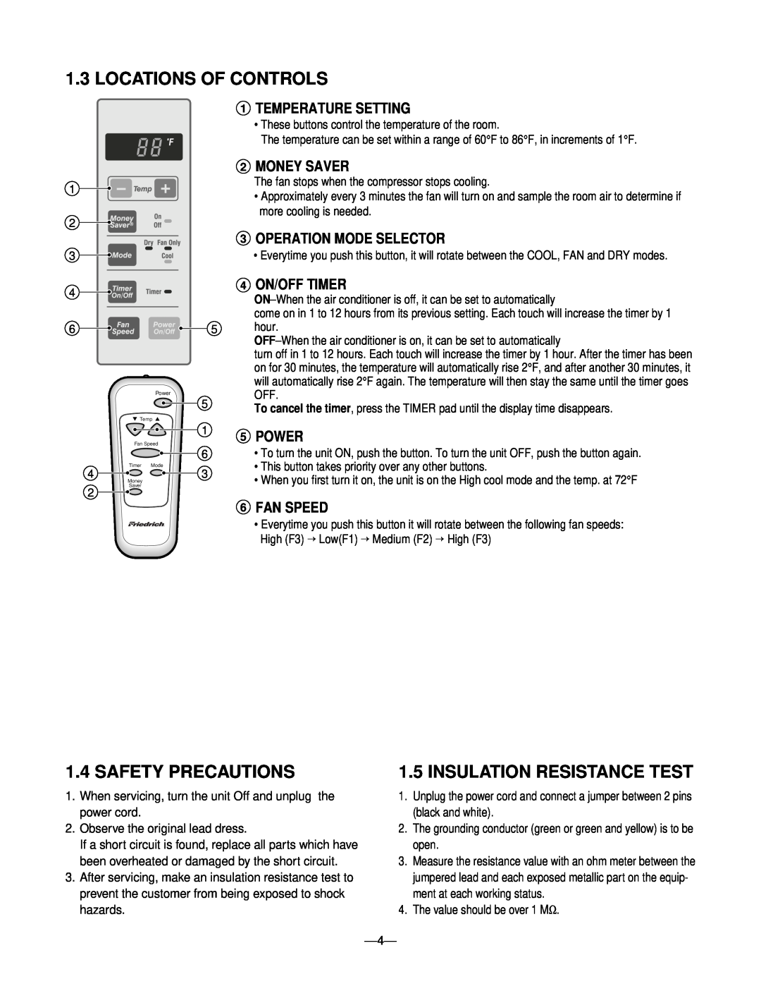Friedrich CP05A10 Locations Of Controls, Safety Precautions, Insulation Resistance Test, 1TEMPERATURE SETTING, 5POWER 