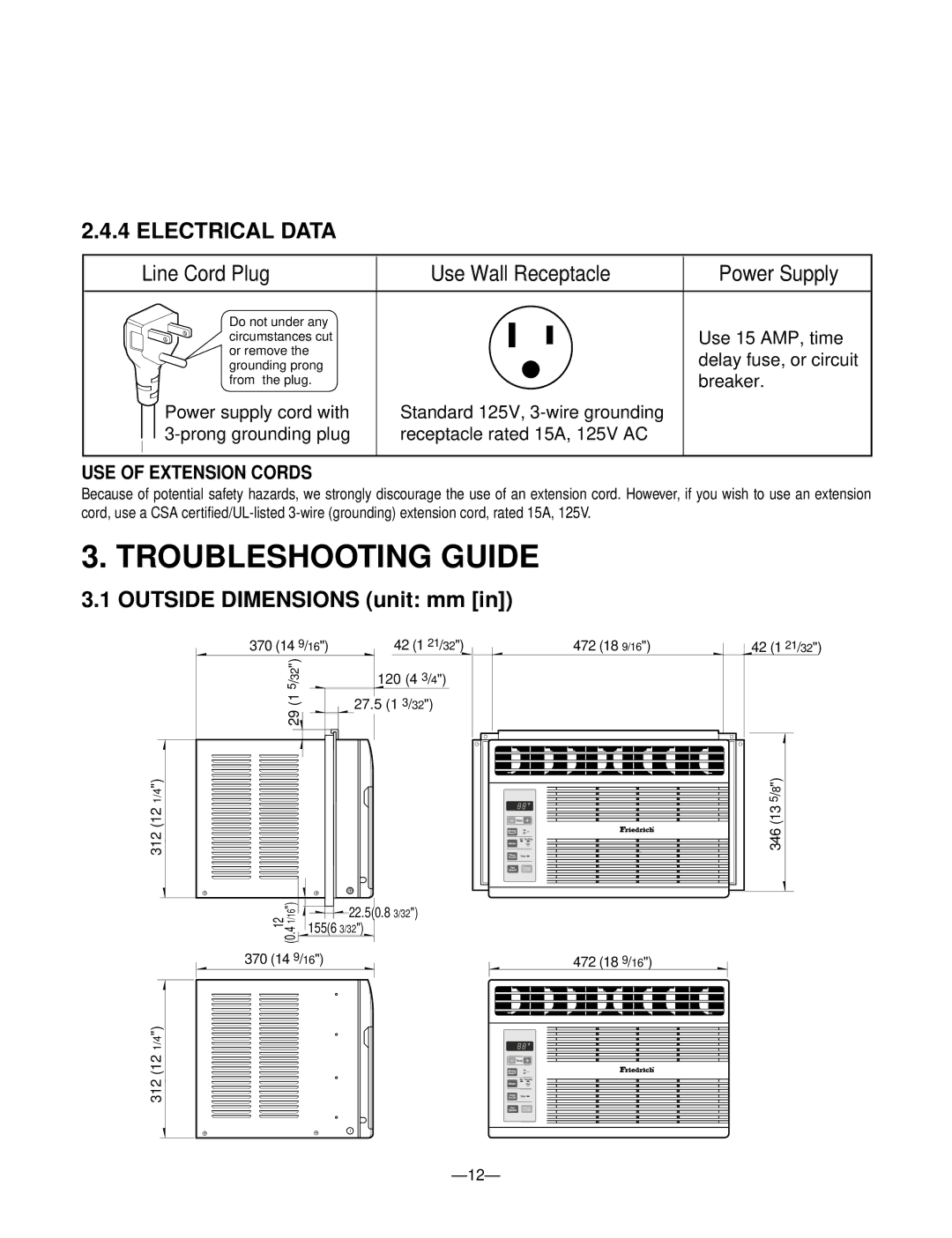 Friedrich CP05C10 manual Troubleshooting Guide, Electrical Data, USE of Extension Cords 