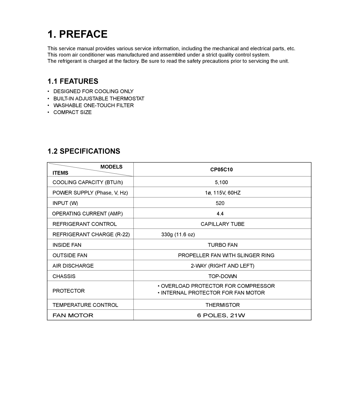 Friedrich CP05C10 manual Models, Items 