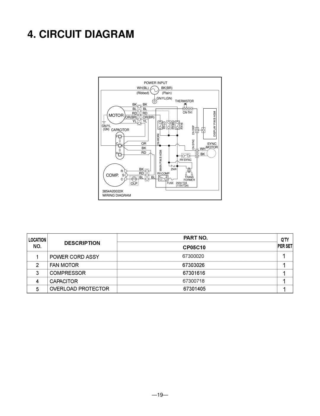 Friedrich CP05C10 manual Circuit Diagram, Description, Qty Per Set 