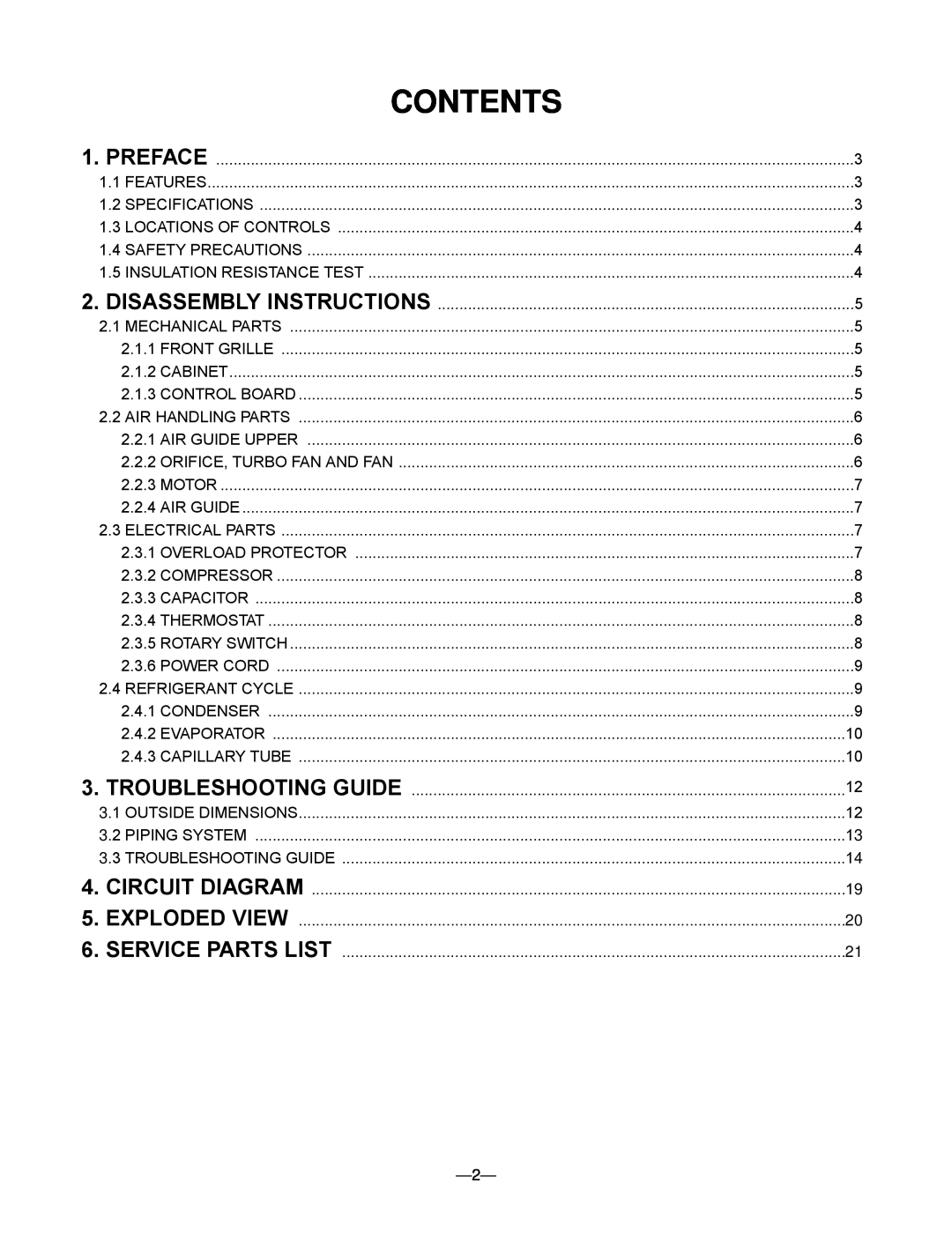 Friedrich CP05C10 manual Contents 