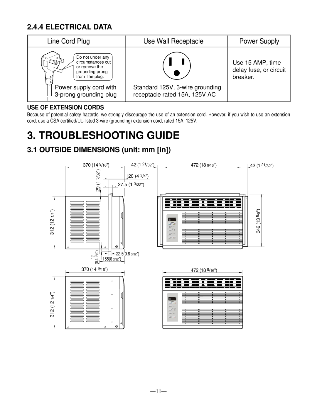 Friedrich CP05N10A manual Electrical Data, USE of Extension Cords 