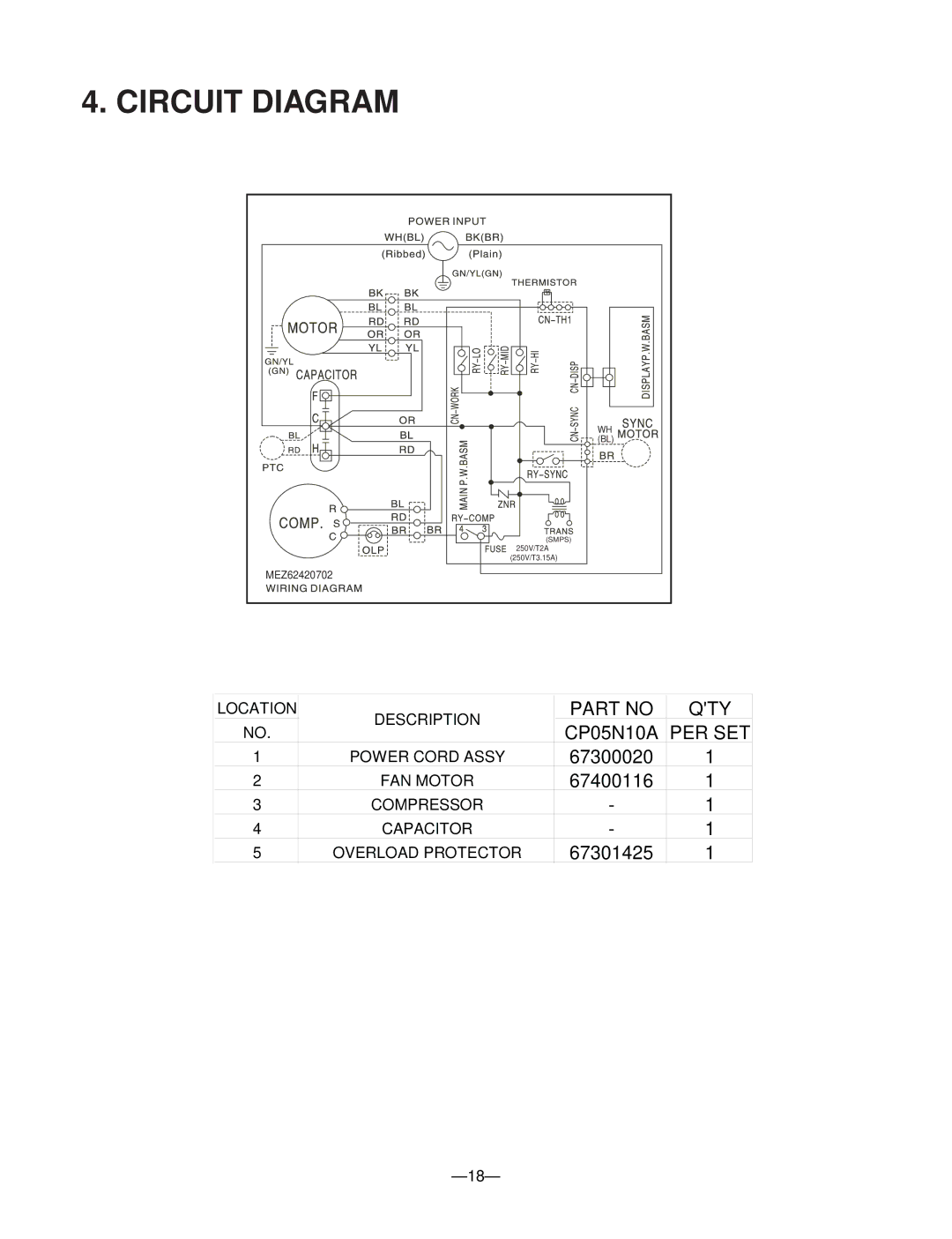 Friedrich CP05N10A manual Circuit Diagram 