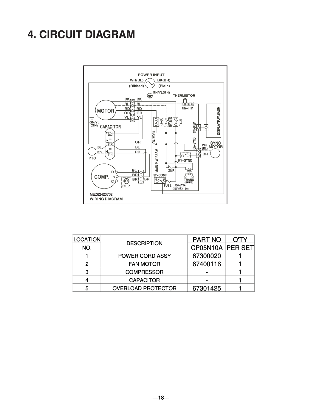 Friedrich CP05N10A manual Circuit Diagram, Per Set, 67300020, 67400116, 67301425 